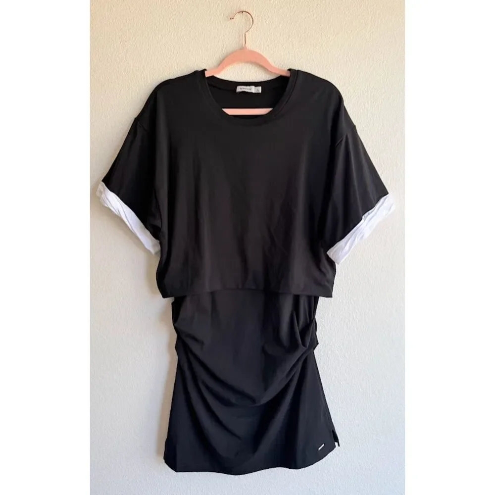 Simkhai Cody Cotton Jersey Ruched Mini Dress in Black & White size XL NWOT